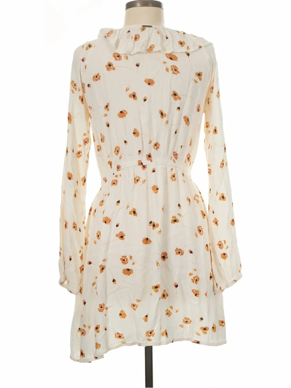Billabong Cream Long Sleeve Ruffle V-Neck Dress with Yellow Floral Print